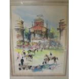 French school, Race-course grandstand scene, signed indistinctly lower left and dated 1975,