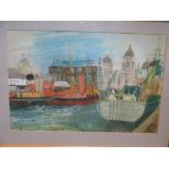 Simon Goldberg (British, 1916-2002) 'Princes Dock, 1954', signed, watercolour, 37 x 56cm