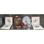 Four Delft tiles, a Delft plate, mug, a small Chinese vase and a cinnabar lacquer box