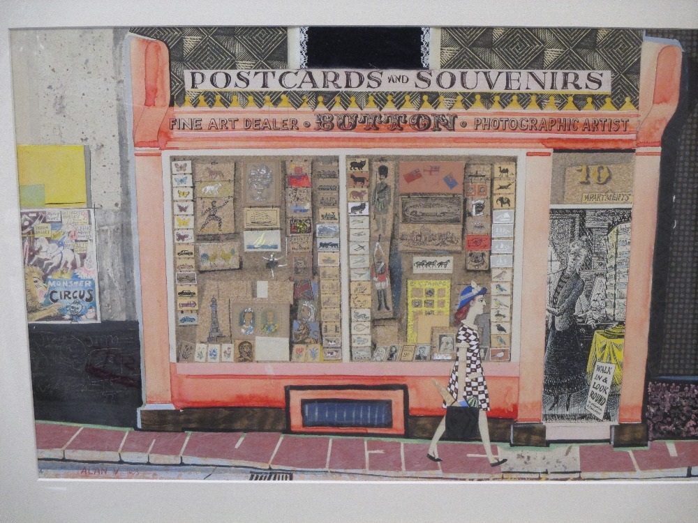 Alan V. Smith (Modern British School) 'The Postcard Shop, 1953', collage, gouache and ink, 37 x 55cm