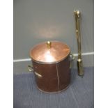 A brass fire curb, poker and brush and a copper log bin and A Regency mahogany Pembroke table, on