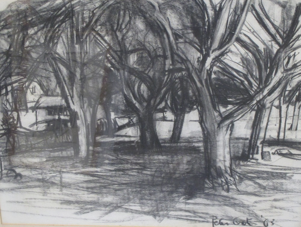 Peter Coat (British, 1926-2016) 'In an Orchard, 1963', signed and dated, charcoal, 56 x 75cm