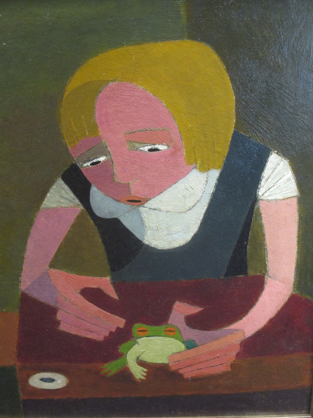 K*** Neap (Modern British School) 'Girl with a frog', oil on board, 55 x 44cm