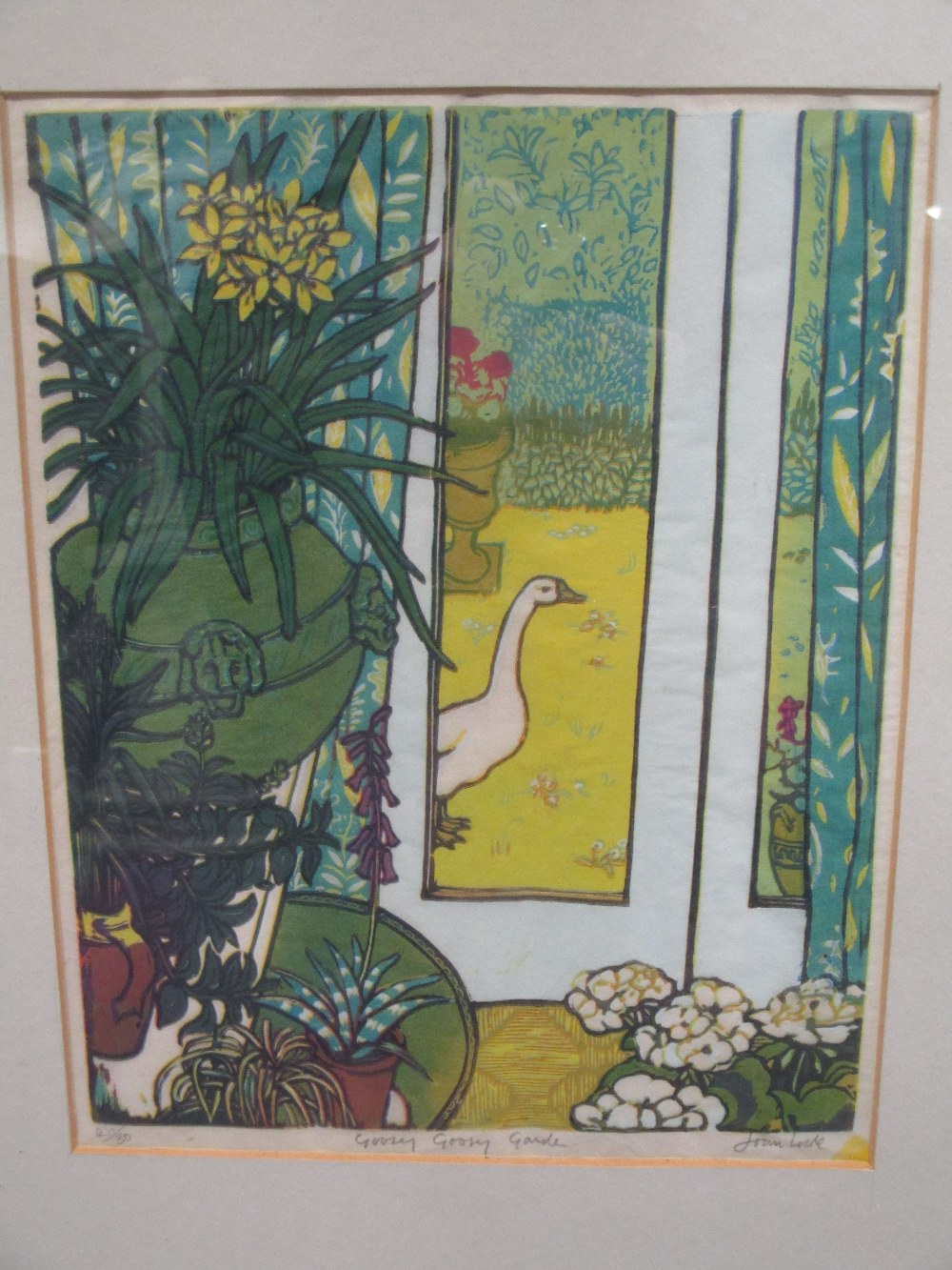 Joan Lock (Modern British School) 'Goosey, Goosey, Gander', signed and numbered 26/30, lino-cut,