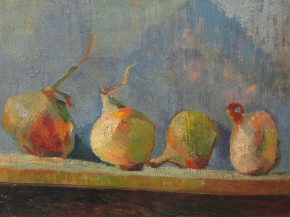 I. Blane (Modern British School) 'Onions on a shelf', oil on board, 34 x 48cm