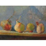 I. Blane (Modern British School) 'Onions on a shelf', oil on board, 34 x 48cm