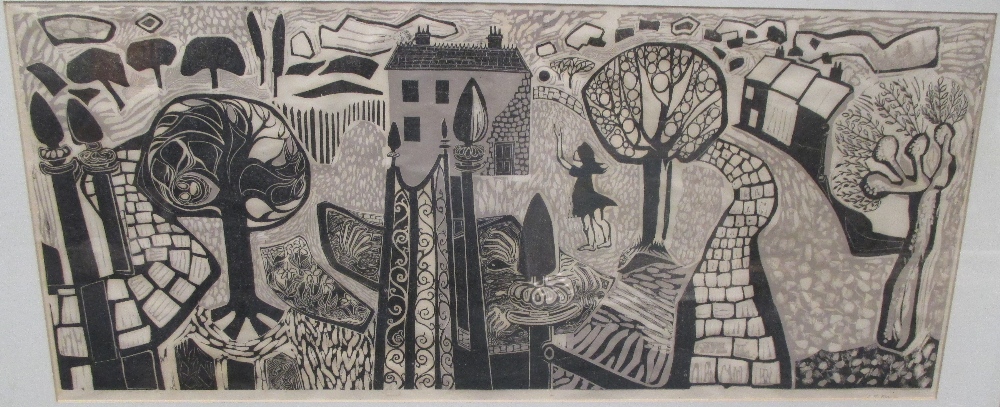 Jennifer Black (Modern British School) 'Spring Park', signed, lino-cut, 32 x 74cm