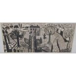 Jennifer Black (Modern British School) 'Spring Park', signed, lino-cut, 32 x 74cm