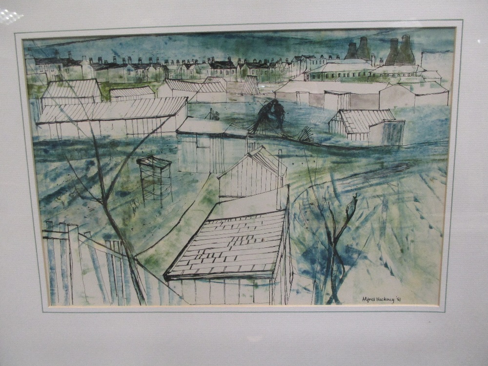 Alfred Hackney (British, 1926-1994) 'Allotments and kilns, 1951', pen and wash, 27 x 40cm
