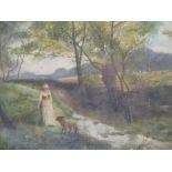 FREDERICK HINES A shepherdess and sheep by a stream, signed and dated '90, watercolour 14 3/4in x 21