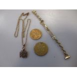 A 9ct watch bracelet and a pendant and chain 9.3g, together with a 1912 sovereign and a spade guniea