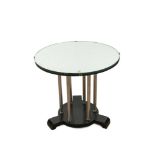 An Art Deco style mirror topped occasional table, the circular top raised on six chrome column