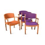 Poul M. Volther for FDB Furniture, a set of six oak elbow chairs, with coloured fabric backs and