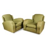 A pair of Art Deco wing-back armchairs, the angled backs above arched arms with green fabric