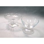 Two small modern Lalique glass bowls, the Nogent pattern bowl with four birds to the pedestal