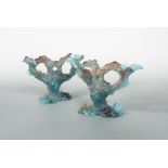 A pair of modern Daum pate de verre glass candlesticks, each modelled as twin branch trees with