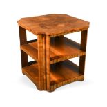 An Art Deco walnut three-tier occasional table, the square top with re-entrant corners, the edges