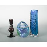 A Whitefriars Kingfisher blue Greek Key pattern vase, together with a Thomas Webb aubergine glass