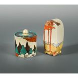 A Clarice Cliff Coral Firs pattern sifter, in the Bonjour shape, together with a Clarice Cliff