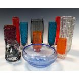 A collection of mostly Whitefriars glass, to include a pair of Geoffrey Baxter kingfisher blue