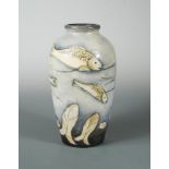 A rare Moorcroft matt glaze fish vase, circa 1930, painted in pastel tones, painted and impressed