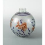 An early 20th century enamelled glass vase, the spherical form with slender neck painted with fish