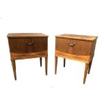 A pair of 1940s Scandinavian walnut bedsides cabinets, each with fall front with shaped veneer