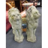 A pair of reconstituted stone lions, 52cm high together with a large plant pot, 48 x 63cm (3)