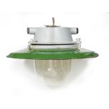 A mid-century green enamel industrial pendant light, with glass dome 47cm (18in)
