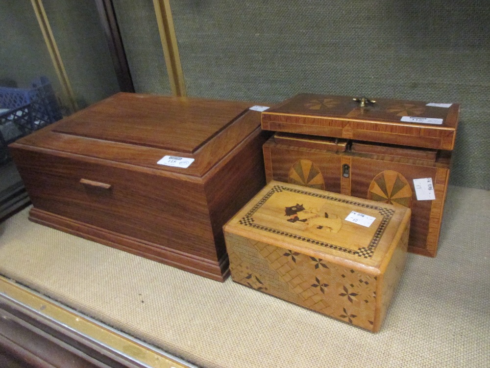 A Tea Caddy, a Puzzle box decorated with Scotties and a wooden Jewellery box (3)