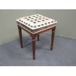 A square mahogany stool, with tapestry top and turned fluted legs; and a George III country made oak