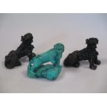 A Turquoise/resin Tiger and two Buddhist Lion figures (3)