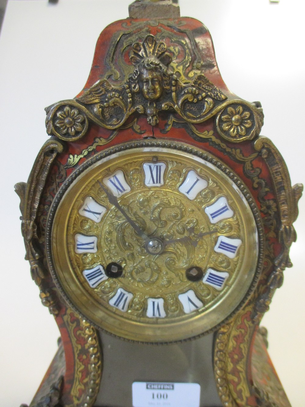 A French Boulle case mantel clock, brass inlaid, later finial, few cracks and losses to the inlay - Image 4 of 4