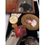 An enamelled backed gilt framed child miniature portrait, another, a miniature box with painted
