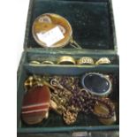 A small jewellery box containing three 22ct wedding rings 12g, an 18ct shott ring and collar stud