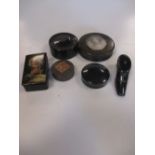 Six 19th century snuff or pill boxes, including a portrait box and shoe shape box (6)