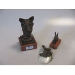 A bronze model of a fox head, a small bronze hare and a bronze model of a Chamois mounted to a