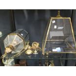 Two glass lanterns, binoculars, monocular, door knocker andirons etc