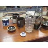 Collection of studio pottery and a Holmegaard glass vase