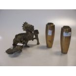 A cast metal dragon candleholder and pair of small lacquered Japanese bronze vases (3)