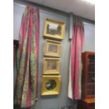Two pairs of pink, green and ochre printed and interlined curtains, drop 210cm x 87cm wide (2) and
