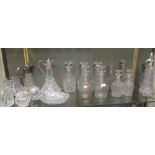 Three pairs of decanters together with five other decanters, two claret jugs and other glass ware