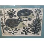 Sheila Flinn (British, b.1929) 'Hedgehogs', signed, lino-cut, 31 x 45cm