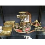 A small group of equestrian related metalwares, including a gilt metal cigar box, a table