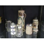 Two glass steins with enamelled covers, A Zsolnay stein & three others (6)