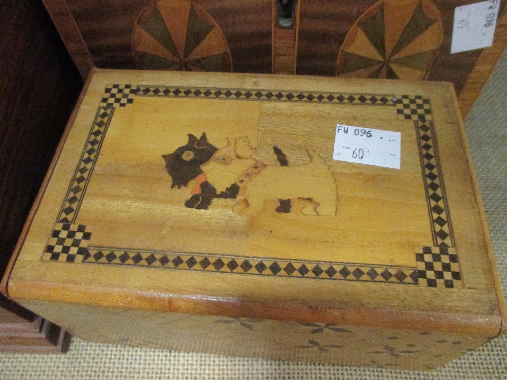 A Tea Caddy, a Puzzle box decorated with Scotties and a wooden Jewellery box (3) - Image 2 of 2