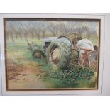 R M Bolton (British, 20th Century), Study of a Fergie tractor in a hedge, signed, watercolour