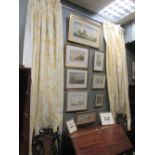 A pair of yellow patterned interlined linen curtains, drop 220cm x 82cm wide (2)