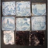 Fourteen 18th century Delft tiles, decorated in manganese with religious and pastoral scenes; a