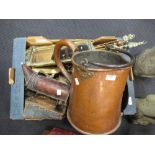 A box of copper items to include a large copper swing handled jug